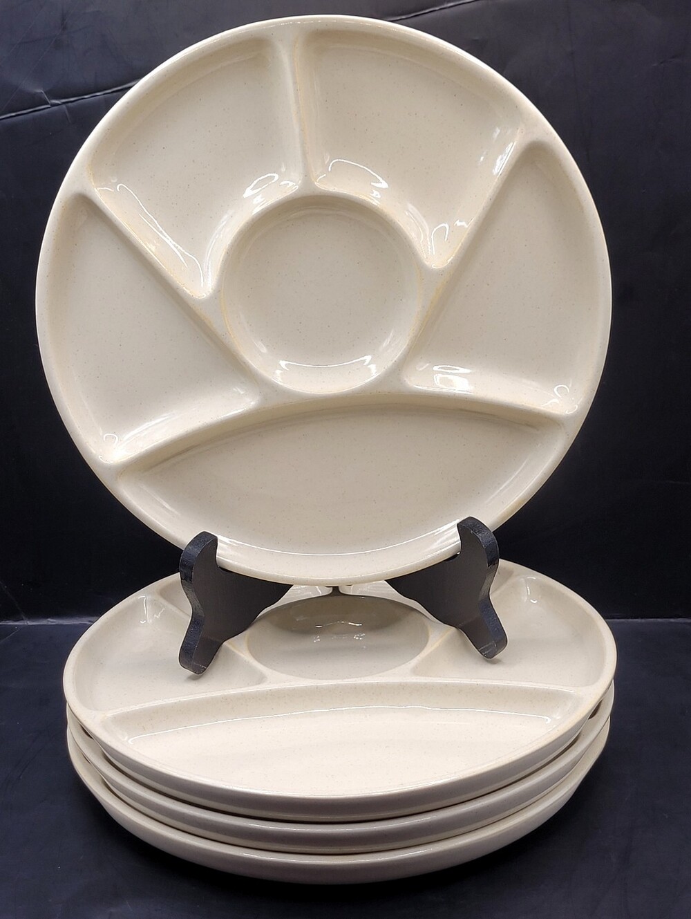 Vintage Set of 4 Divided Snack Fondue Relish Plates Japan Beige Speckled 9"